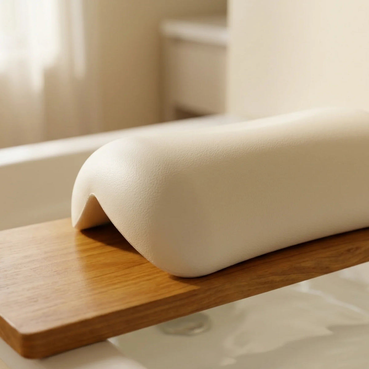 The Restore Bath Pillow resting on wooden bath tray — Kosient