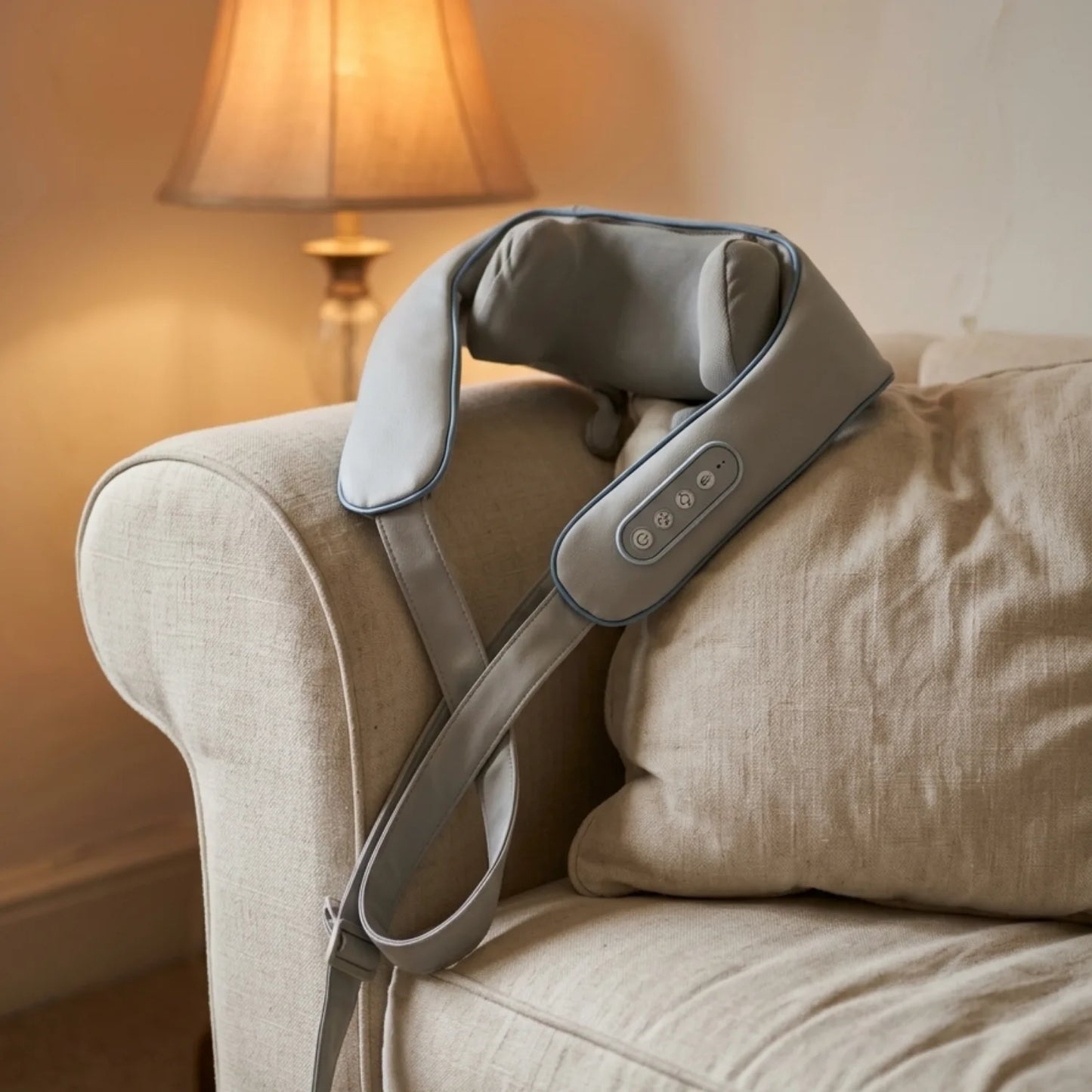 The Shoulder Drop massager resting on cream sofa arm warm evening light — Kosient