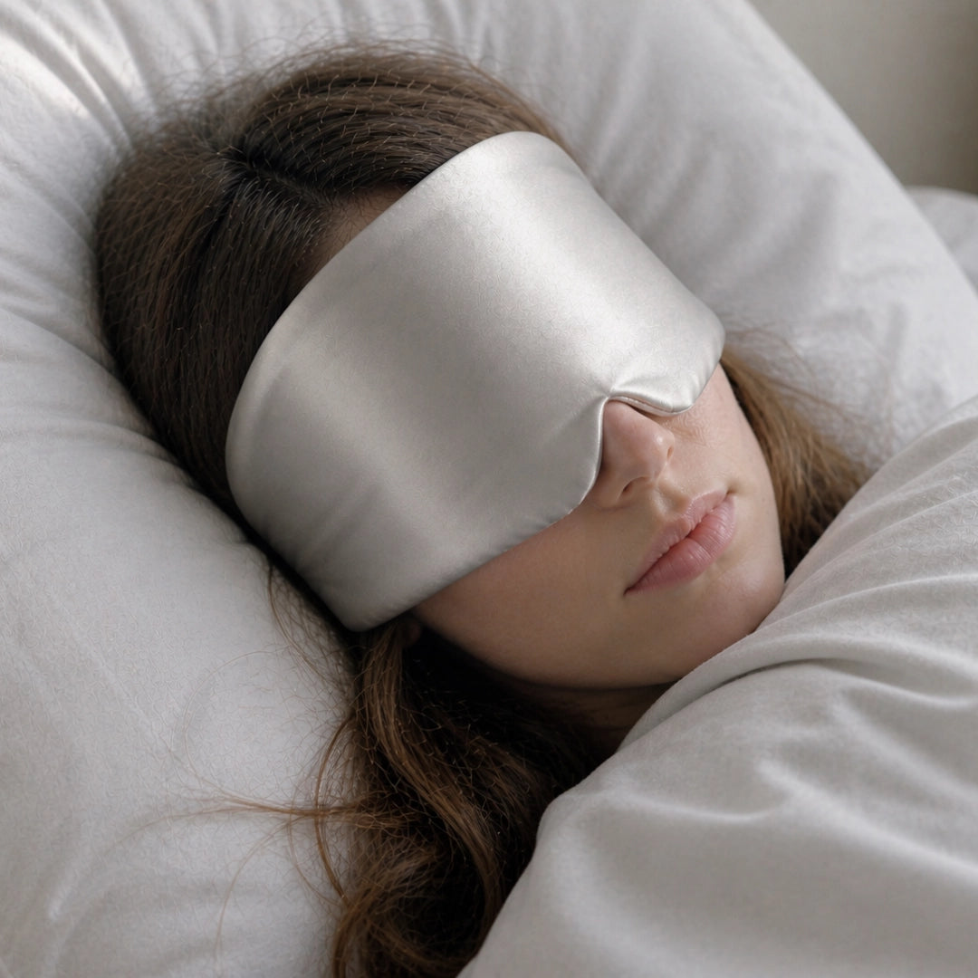 Deep Sleep Mask worn in bed natural morning light — Kosient