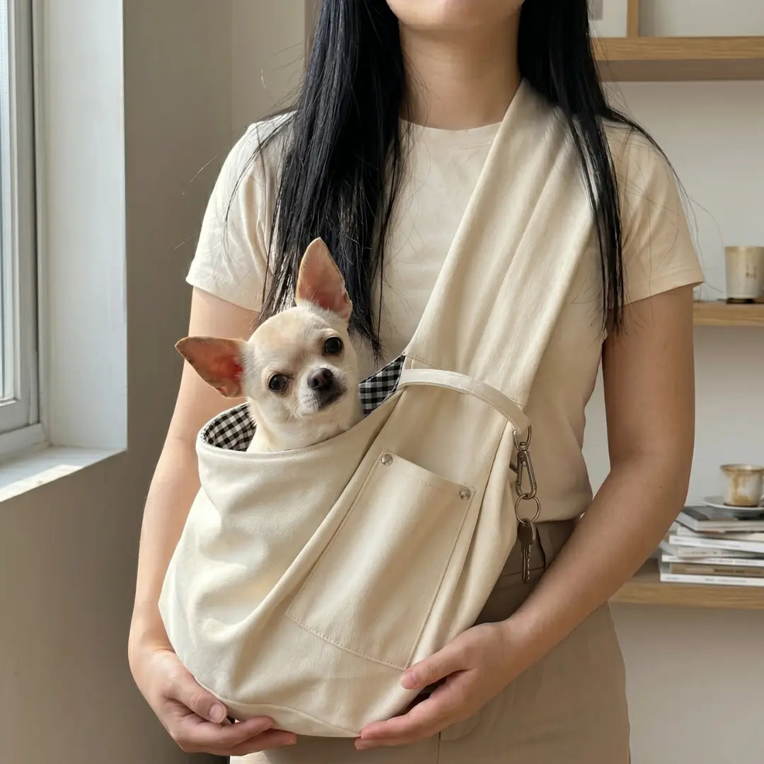 Dog Sling Carrier with Chihuahua worn indoors natural light — Kosient